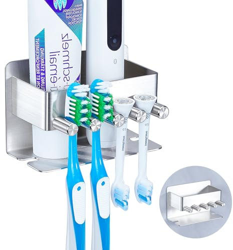 Zahnbürstenhalter, Elektrische Zahnbürste Halter Wand Ohne Bohren Zahnbürstenkopf Halter Selbstklebend Zahnpastaspender für Badezimmer, Edelstahl Aufsteckbürsten Halter Aufbewahrung Organizer Halter