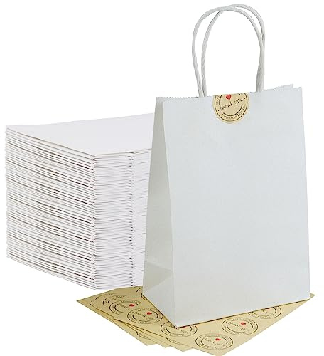 Weiß Papiertüten mit Henkel Kleine【50 Stück】HRUISE Kleine Papier Geschenktüten mit Aufklebern, Kraftpapier tüten, Papiertragetaschen für Einkaufstüten, Partytüten, Hochzeitstasche, Geschenke