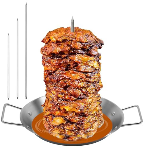 Kebab Skewer Stand and Plate, Stainless Steel Vertical Skewer and Kebab Plate for BBQ Plate Pan Barbecue Grilling Accessory with 3 Removable Spikes for Whole Chicken Fish
