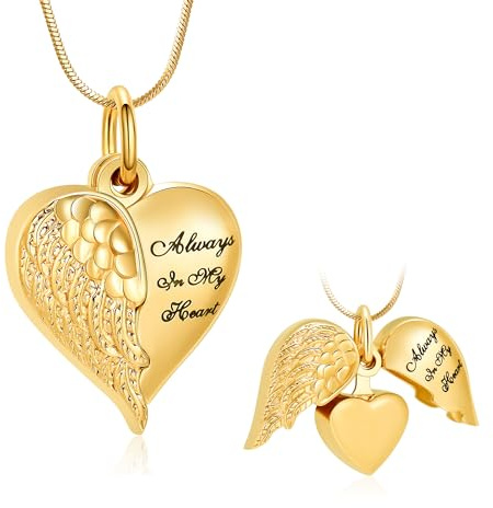 Collier pendentif urne funéraire en forme de cœur avec ailes d’ange - Bijoux de crémation pour femmes et hommes - Minicremation - Pour cendres - Bijou souvenir - Toujours dans mon esprit - Pour