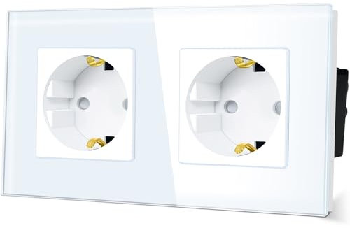 TAWOIA Schuko Steckdose, EU-Standard 2 Fach Glas Unterputz Steckdose 16Amp 250 V, Wandsteckdose mit Kristallglasplatte Weiß 86×157mm