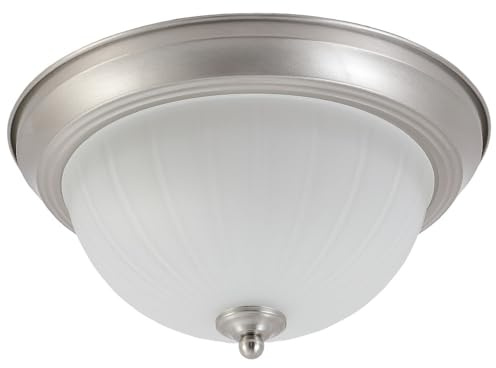 Britalia Satin Chrome & Opal Frosted Ribbed Glass Bathroom Vintage Round Flush Ceiling Light | 29cm Diameter | 2 x SES E14 Lamps Required | IP44 Rated | Low Profile Height of 15cm | American Diner