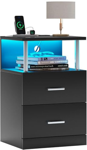 AOGLLATI Nachttisch mit Ladestation und LED-Leuchten, Nachttisch mit offener Speicher, 2-Schubladen, 2 AC-Steckdosen, 2 USB-Anschlüsse, moderner Beistelltisch für Schlafzimmer (1, Schwarz)