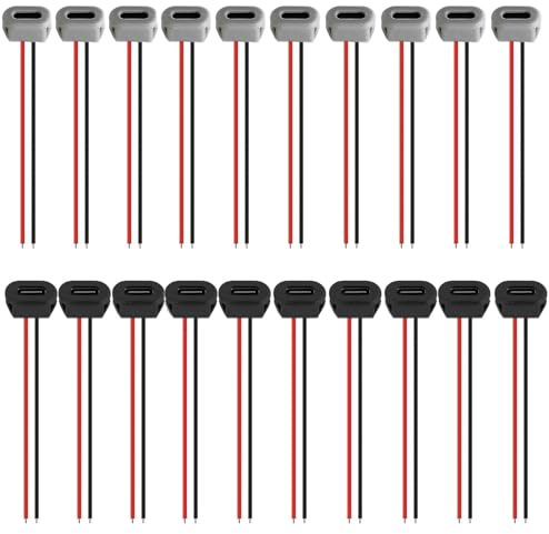 RUNCCI-YUN 20 st USB-C-uttag, 2-tråds inbyggnad, typ C-uttag, USB pigtail kabel USB inbyggnadsuttag, USB-C-uttag för panelmontering 3A snabbladdning typ C-uttag med snäppspårsspänne, svart och vitt