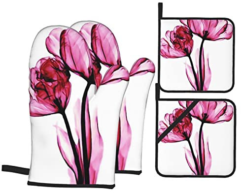 4 Stück Ofenhandschuhe Set Blume Moderne Romantische Blumennaturkunst Grillhandschuhe Doppelschicht Wasserfeste Topfhandschuhe, Für Mikrowelle, BBQ