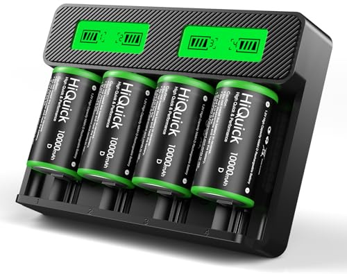 HiQuick Rechargeable D Batteries with Charger, 4 Bay Universal Battery Charger with Built-in Cable for 3.7V Lithium ion 18650 21700 14500 26650 18350 and 1.2V Ni-MH Ni-CD AA AAA C D Battery