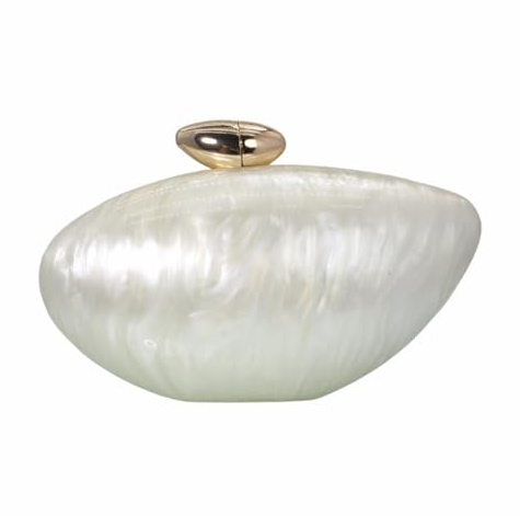WuDiaoer Cute Shell Shape Acrylic Clutch Trendy Metal Egg Purses and Handbags Bridal Wedding Purse for Women Evening Party, Pearl White