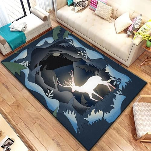 Kind Teppich 140 X 200 cm, Schlafzimmer Teppich, 3D Teppiche Wohnzimmer Teppiche Weich rutschfest Teppich Für Wohnzimmer Schlafzimmer Bettvorleger Elch Waldtier Hirsch Cartoon-Zeichnung -6S1K6J6M8H3M