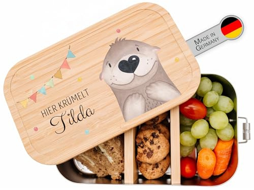 wunderwunsch® - Personalisierte Brotdose für Kinder - Robuste und Individuelle Edelstahl Brotdose mit Namen - Personalisierte Geschenke für Kinder (klein Edelstahl,Otter Girlande)