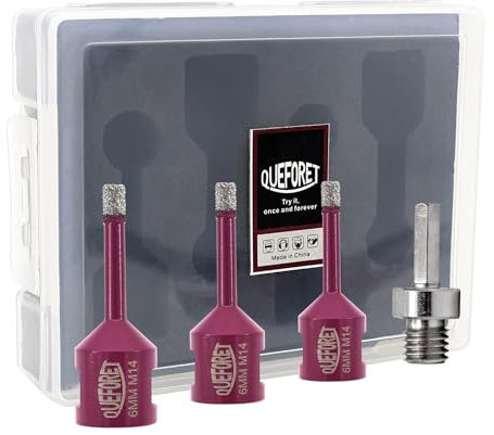 QUEFORET Punte Diamantate Gres Porcellanato 4 Pezzi - 3 Pezzi 6mm x M14 Punte Trapano, 1 Pezzo Adattatore per Porcellana Piastrelle Ceramica Marmo Granito, per Smerigliatrice Angolare