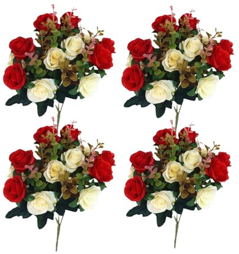 Friedhofsblumen für Gräber 4 Bündel künstliche Rosen 30 cm künstliche Blumen für Gräber 12 Blütenköpfe Gedenkblumen aus Seide für Grabvase Friedhofsdekor rote Grabblumen Friedhofsblumen Friedhof