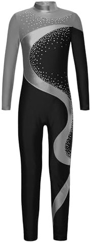 Kaerm Gymnastikanzug Mädchen Langarm Ganzkörper Voltigieranzug Kinder Strass Glitzer Body Metallic Patchwork Tanztrikot Stehkragen Trikotanzug Dancewear Grauschwarz 158-164