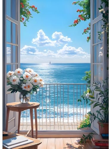 GDYEEH 5D Zimmer mit Meerblick Diamant Painting Pictures, DIY Gänseblümchen Diamant Art Painting Kits, Diamond Painting Set for Adults Anfänger, Diamond Painting Art by Numbers for Home Decor 30x40cm