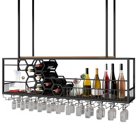 RAJYQODIS Portabottiglie da soffitto in metallo, portabicchieri da soffitto con portabicchieri e ripiano, organizer multifunzione a 2 livelli, per bar, caffetteria e cucina (nero, 120cm)