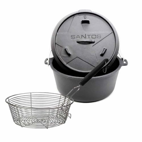 SANTOS Dutch Oven mit Deckel - inkl. Frittierkorb Ø 27,5 x9,5cm - 8,5 L/9 Qt Feuertopf - Gusseisen - ideal für Lagerfeuer, Feuerstelle, Kohle- oder Gas-Grill