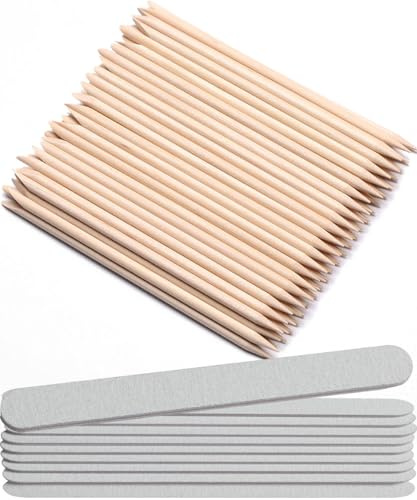 Borogo 110 palillos de uñas de madera naranja y lima profesional de doble cara de grano 100/180, tablero de esmeril, herramienta de manicura y pedicura negra, color blanco