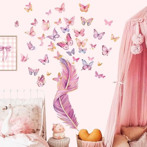 decalmile färgglada fjärilar väggdekaler rosa fjäder väggklistermärken bebis barnkammare flickor sovrum badrum väggdekor