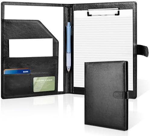 Clipboard Folder A4, Professional PU Leather Portfolio Folder, Legal Pad Holder for A4 Letter Size Notepad, Resume, Writing Pad, Ideal Organizer for Business Office Conference, Black