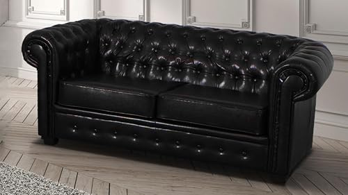 mk sofas Chesterfield Sofa | Large 2 Seater Living Room Suite | Black Bonded Leather Settee | Scroll Arms and Button Detailing