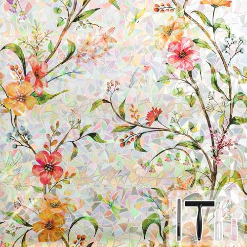 NINETREX Window Privacy Film, Rainbow Stained Glass Floral, 17.5x78.7 | Static Cling Vinyl, Anti-UV, Heat Control, No Glue, Removable, for Glass Doors Home, Bathroom Decor