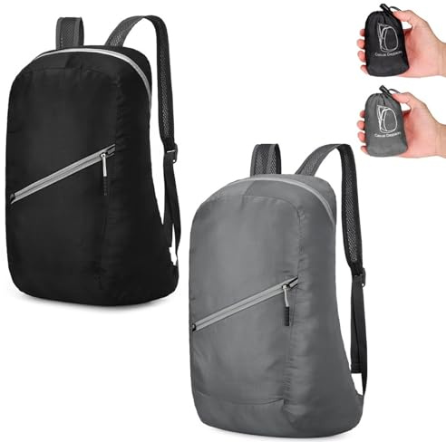 Risipu 2 Stück Faltbarer Rucksack für Herren und Damen, leicht, verstaubar, 20 l, wasserabweisend, Tagesrucksack für Outdoor-Sportausflüge, Wandern, Pendeln (2, Schwarz, Grau)