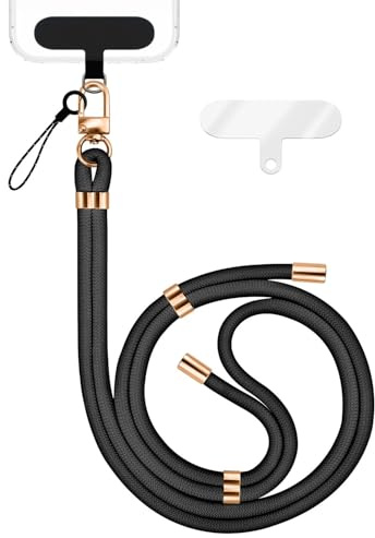 NALIA Universal Handykette für alle Smartphones, Schwarz, Gold Metall | Voluminöses Band liegt weich auf der Haut, Ohne Kleben montiert, Trägt auch Kompaktkamera und Wallet, HOLDME