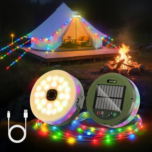 Giliwosy Solar Camping Lights, 10M Solor & USB Camping Light Reel with 10 Lighting Modes +Timing Function 2-in-1 Tent Fairy Lights 2600mAh Outdoor Solar Garden Light RGB Multicolor & Warm Patio Decor