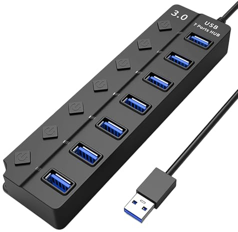 1pack 7 Port Usb Hub 3.0 with Individual Power Switches and Led Indicators, High-Speed Multi Usb Port Splitter Adapter for PC, Laptop, Flash Drive, Keyboard, Mouse, Mobile Hdd, Usb Extender