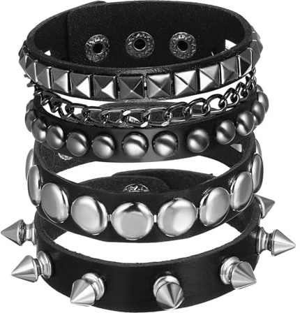 DEARMAMY Pulsera Ancha de Cuero Punk Pulsera Tachuelas Punk Unisex para Halloween de Moda para Hombre