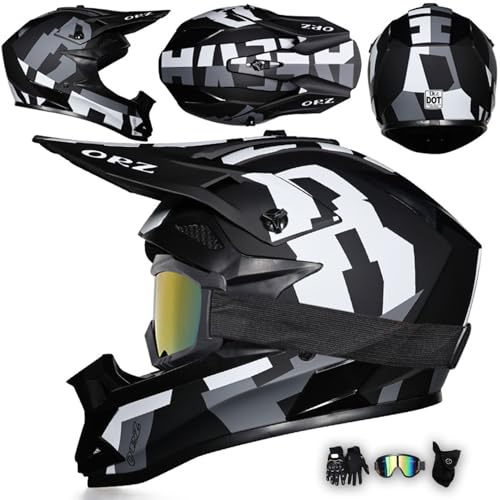 MODRYER Motocross Helm Fullface Downhill Motorradhelm Mit Brille Handschuhe Maske, Kinder Erwachsene MTB Helm Enduro Integralhelm ATV Quad BMX MTB Helmet Für Damen Herren,B-L