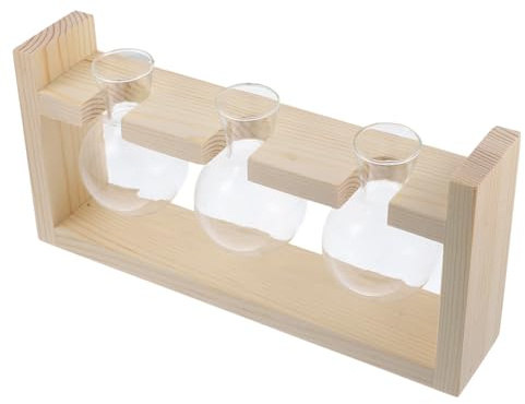 WEKADRIN Fioriera Per La Casa in Vetro Supporto in Legno Naturale, Vaso Creativo Idroponico Per Fiori Da Tavolo, Decorazione Per Scrivania e Contenitore Per Fiori Secchi, Set Da 3 Pezzi