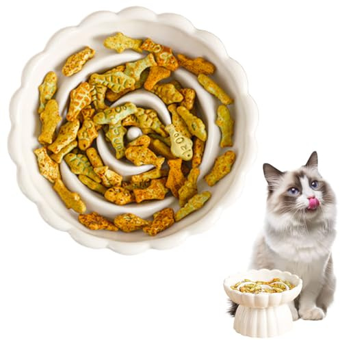 Vninkul Gamelle Anti Glouton Chat Ceramique, 14cm*8.5cm Bol Nourriture Chat Anti Glouton en Forme de Fleur, Gamelle Chat Surélevée Ceramique Anti Glouton pour Alimentation Lente (Blanc)