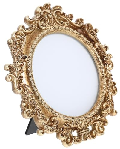 DECOMELODY Runder Harz Fotorahmen im Retro Stil, Goldfarben, 1 Stück | Europäisch Verziert mit Glas, Wandbehang für Wohn und Schlafzimmer, Kleines Rundformat