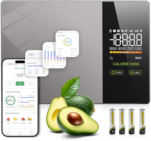 Smart Food Scale with Nutritional Calculator with 23 Nutrients Tracking&LED Display,Bluetooth Sync to Fitdays+ App,Stainless Steel,5KG Capacity,Calorie Counting for Calorie Control&Fitness Goal,Silver