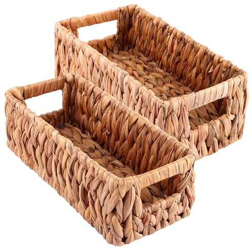 YOUNTHYE Aufbewahrungskorb Geflochten 2er Set, Wasserhyazinthe Korb Natur, Flechtkorb für Badezimmer & Regal, Aufbewahrungsbox Rattan-Stil, 40,5cm & 37cm Länge