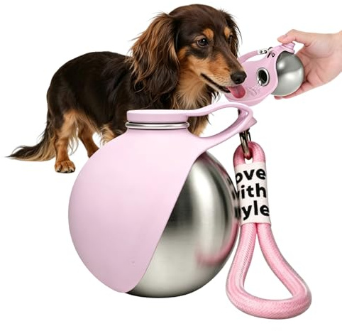 Trinkflasche Hunde für Unterwegs, 285 ml Edelstahl Hunde Trinkflasche mit Faltbarem Silikonnapf, Auslaufsichere & Kompakte Hundetrinkflasche für Spaziergänge, Wanderungen & Reisen (Rosa)