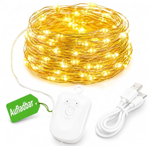 Kaleora Mini Lichterkette Aufladbar mit Timer, 2M 20 LED Kupferdraht Lichterketten Warmweiß Wiederaufladbar USB, 8 Modi Wasserdicht Kleine Lichterkette für Innen Außen Weihnachten Party Hochzeit