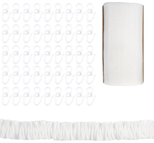 Sunyunze Gardinenband Kräuselband Gardinen 30m × 2.5cm | Vorhangband zum Aufnähen mit 120 Stück Vorhanghaken Abnehmbarer Vorhang Faltenband Universal für Deko Schlafzimmer Verandas