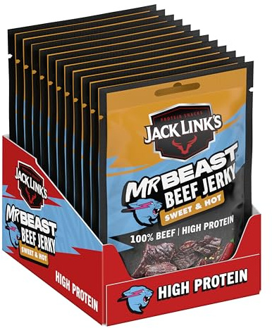 Jack Link's Beef Jerky, Sweet & Hot Flavour, Multipack of 12 x 25g Bags, High Protein Meat Snack, Sweet Seasoning and Hot Spices