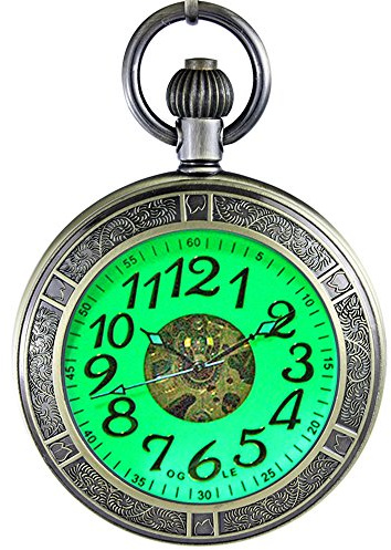 OGLE Waterproof Magnifier Skeleton Chain Silver Luminous Fob Self Winding Automatic Mechanical Pocket Watch (Bronze Luminous)