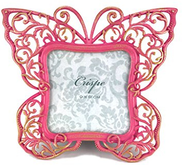 Crispe Bilderrahmen Schmetterling in Pink mit antikgoldenen Verzierungen, aus hochwertigem Metall gegossen, Bildausschnitt 9 x 9 cm - Größe 17 x 14,7 x 1,4 cm Rahmen Bild Foto Barock