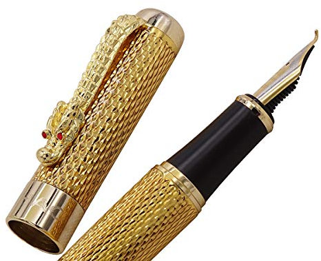 Jinhao Dreadnaught and Gold Chain Dragon Fountain Pen Bent Nib,Red Crystal Eyes with Ink Converter Fude Pen