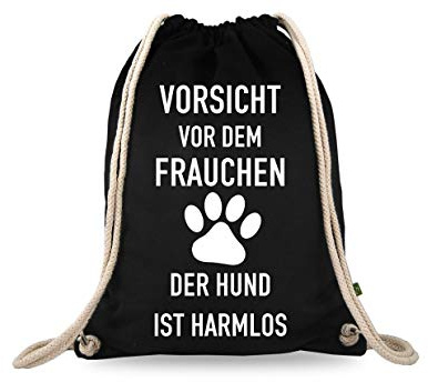 Turnbeutelliebe® Turnbeutel mit Spruch - Vorsicht vor dem Frauchen der Hund ist harmlos - Baumwolle schwarz - Sportbeutel - Rucksack - 37 x 46 cm