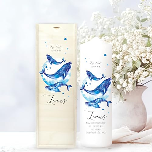 Wandtattoo Loft Taufkerze Junge oder Mädchen Wal Kerze Blau weiße Kerze zur Taufe, Geburt Kommunion weiß 25 x 7 cm mit Name, Datum, ggf. Taufspruch/Taufkerze 25 x 7 cm (abgebildeter Taufspruch)
