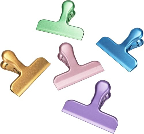 Jingleer 5 Stück Verschlussclips Metall 77mm Clips für Tüten, 5 Farben | Groß Edelstahl Verschlussklammern, Tütenclips für Snacks, Beutel, Gefrierbeutel, Schwere Leistung Klammern Klipser für Foto