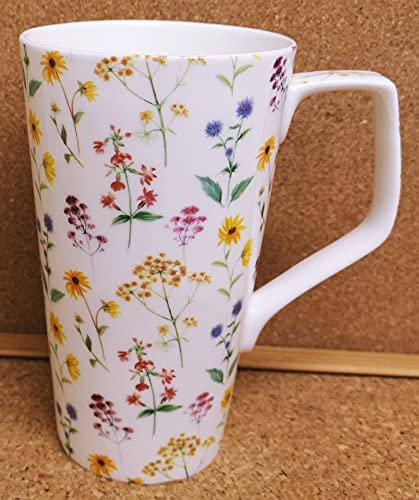 Meadow Flowers 20oz Set of 2 Mugs Fine Bone China Large Jumbo 1 Pint Multi Colour Bright Floral Latte Coffee Tea Cups Hand Decorated UK