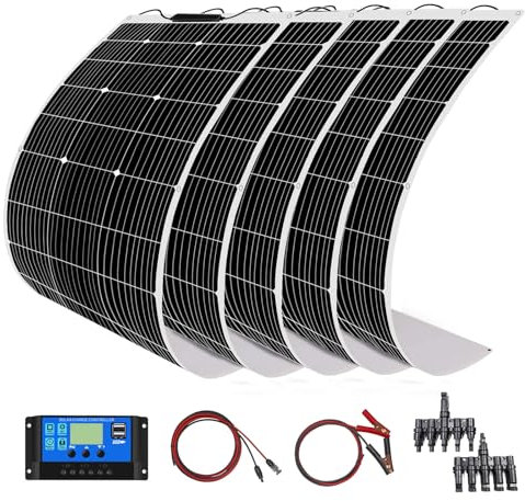 500w Off Grid Solar Kit 5pcs 100w Flexible Solar Panel Monocrystalline Solar Module + 50A USB Controller for RV, Roof, 12V Battery and Uneven Surfaces (500)