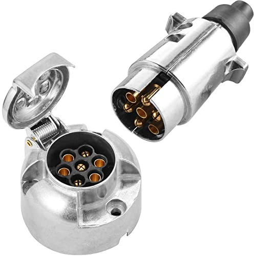 SPARKMOTO Prise Remorque 7 Broches Mâle Métal Et Prise Remorque 7 Broches Femelle Métal,12V Adaptateur Prise pour Remorque 7 Broches fiche Attelage remorque 7 Broches mâle Aluminium Étanche(SKM0701)