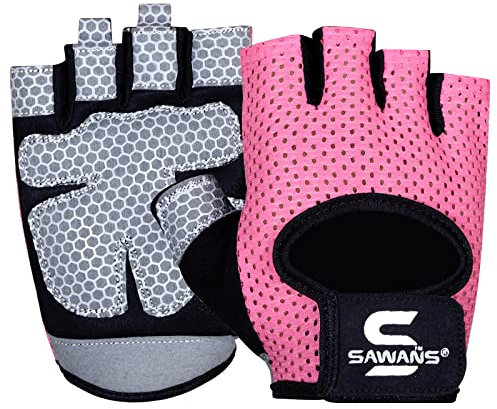 SAWANS Gym Gloves for Men & Women Weight Lifting Fitness Gloves Breathable Ladies Gloves Training Non-Slip Silicone Padded Palm Grip Protection Exercise Workout Cycling Pull ups Microfiber (Pink, M)
