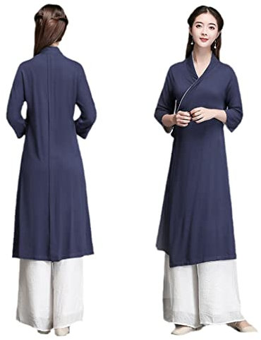 Cotton and Linen Retro Dress Women's Single-Piece Hanfu Elegant Chinese Improved Cheongsam Robe Chinoise Navy Blue XXL